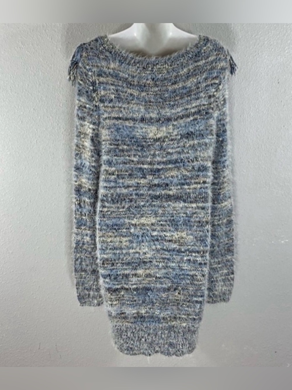 Gianni Bini Space Dye Fringe Eyelash Fuzzy Knit Sweater Dress Tunic L Blue Grey - Picture 3 of 10